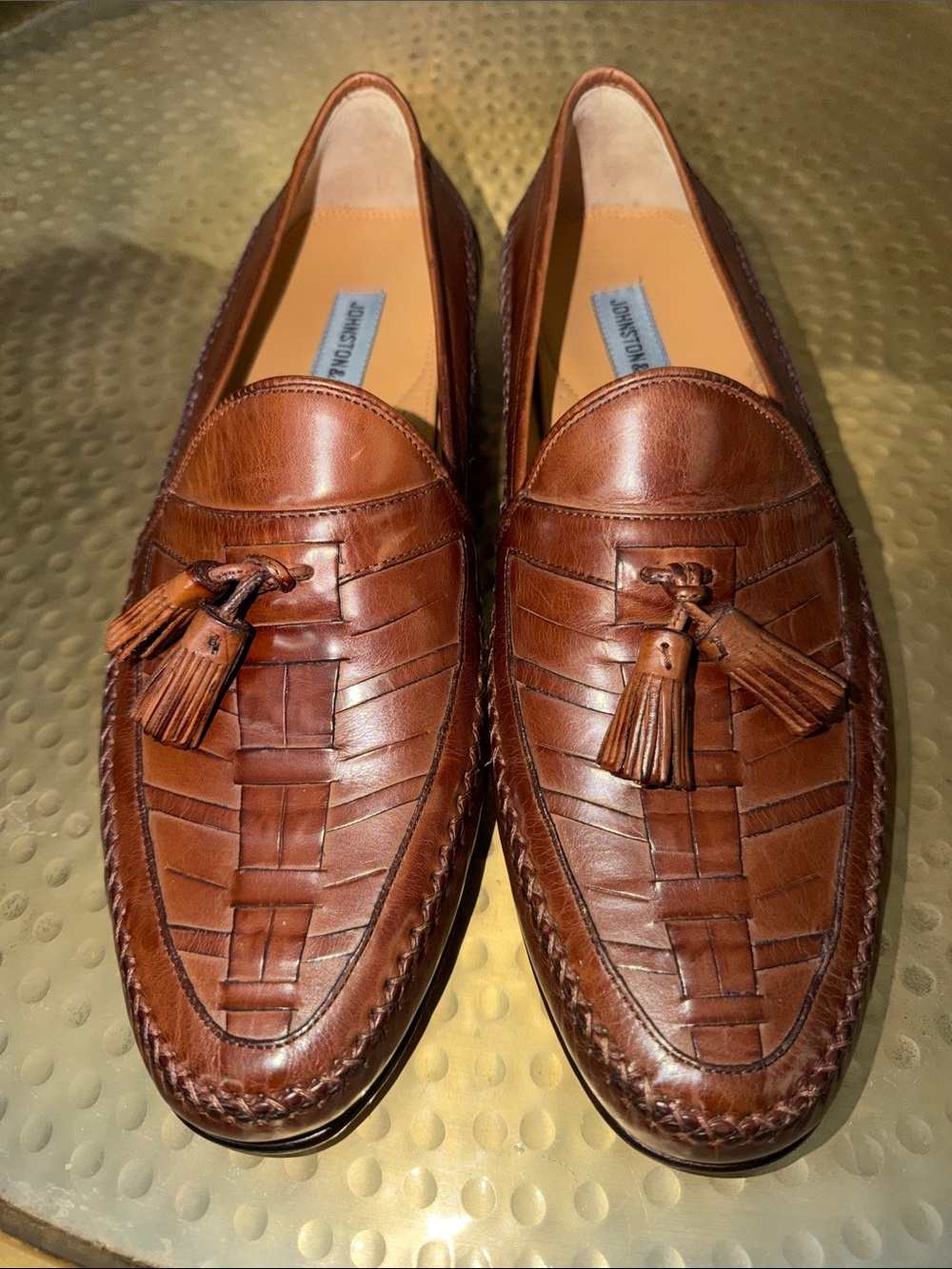 Johnston & Murphy Cognac Woven Leather Tassel Loafers